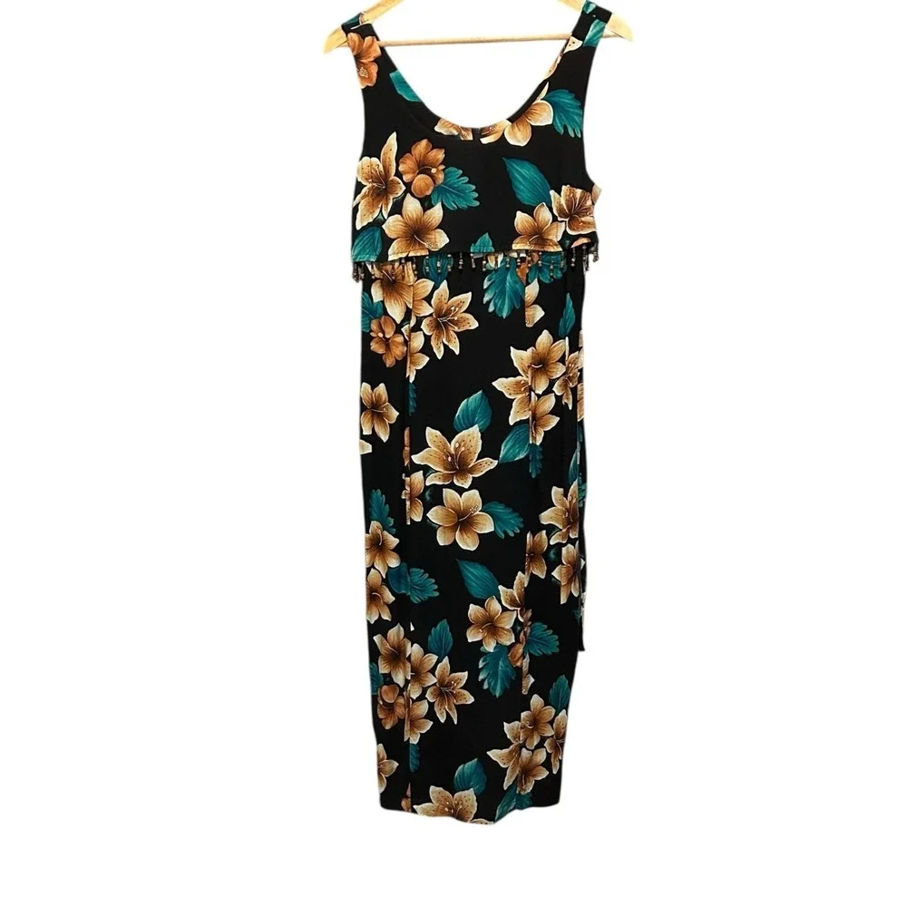 Vintage Y2K Maxi Dress 6‎ Black Tropical Floral Beaded Resort Beachwear Vacation